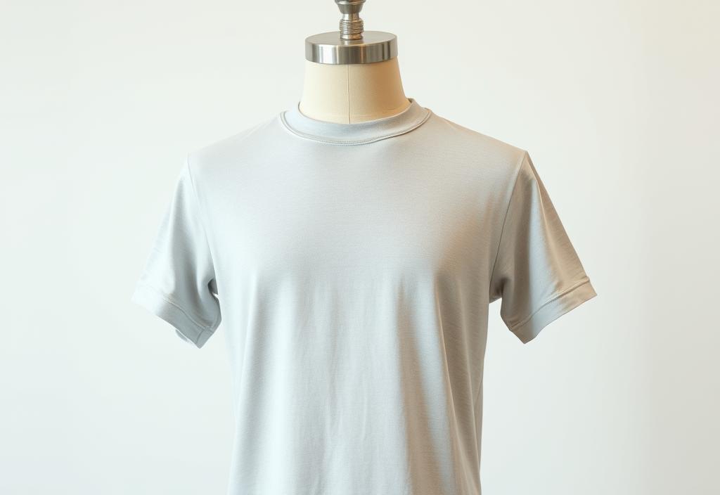 A crew neck t-shirt on a mannequin with a simple background