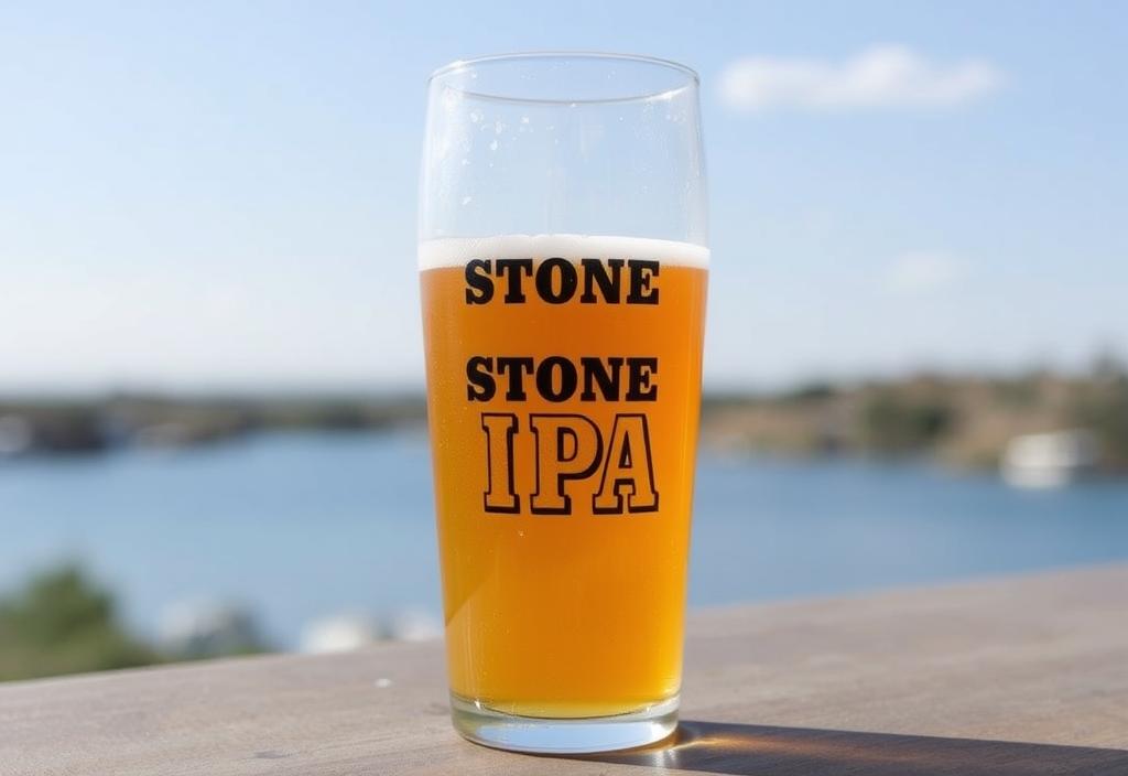 A glass of Stone IPA beer