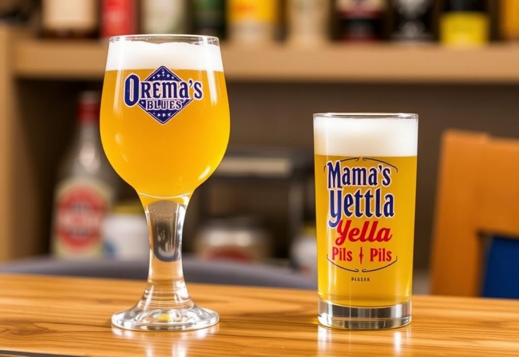 A glass of Oskar Blues Mama's Little Yella Pils beer