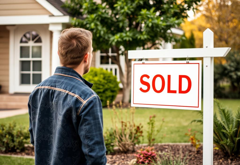 A disappointed homebuyer looking at a 'sold' sign