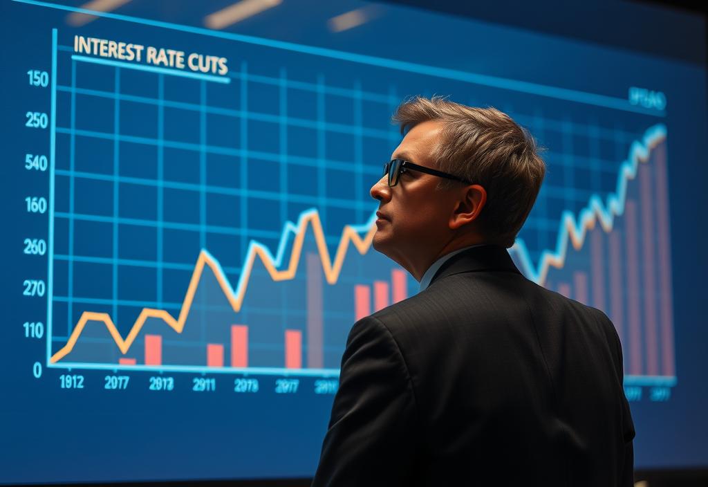 A central banker looking at a graph showing interest rate cuts