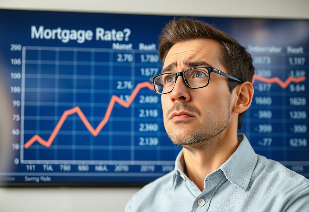 A person looking at a mortgage rate chart with a concerned expression