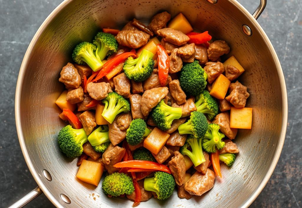 Beef and broccoli stir fry in a wok