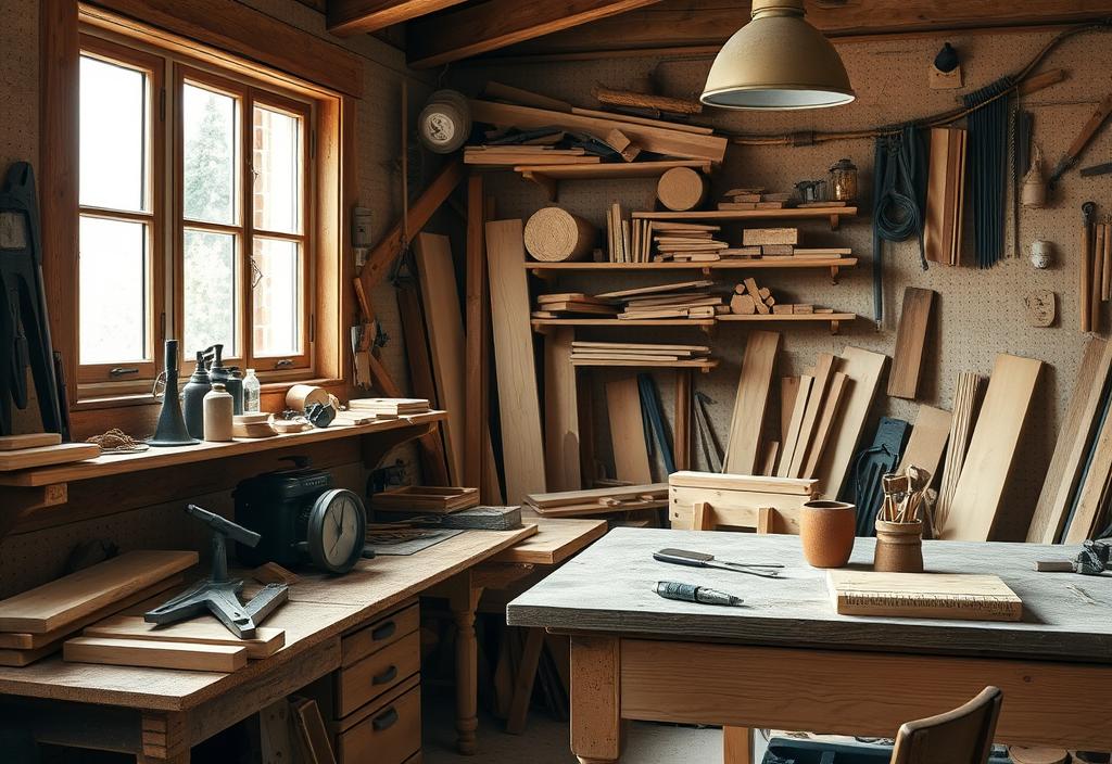 A carpenter's workshop with tools and wood