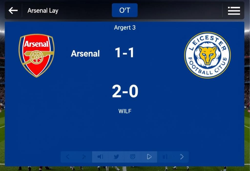 A screenshot of the Arsenal vs Leicester City match score, with Arsenal leading 2-0