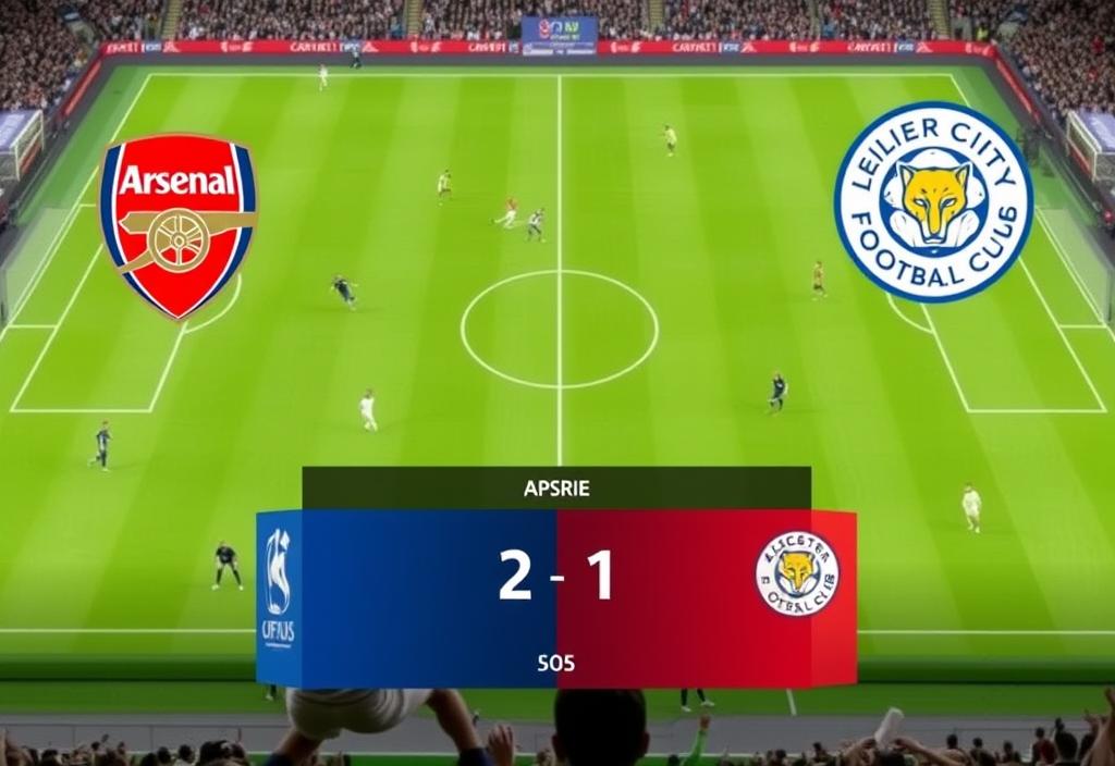 A screenshot of the Arsenal vs Leicester City match score, with Arsenal leading 2-1