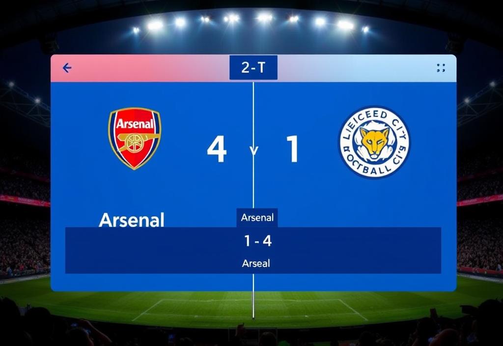 A screenshot of the Arsenal vs Leicester City match score, with Arsenal leading 2-1