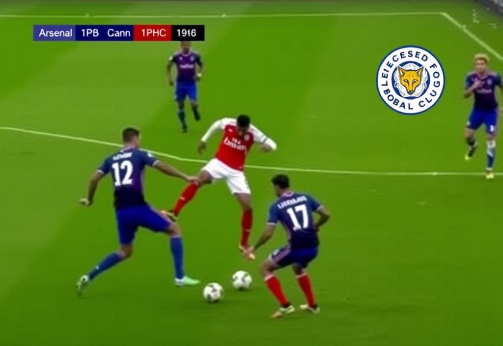 A screenshot of the Arsenal vs Leicester City match, with players fighting for the ball