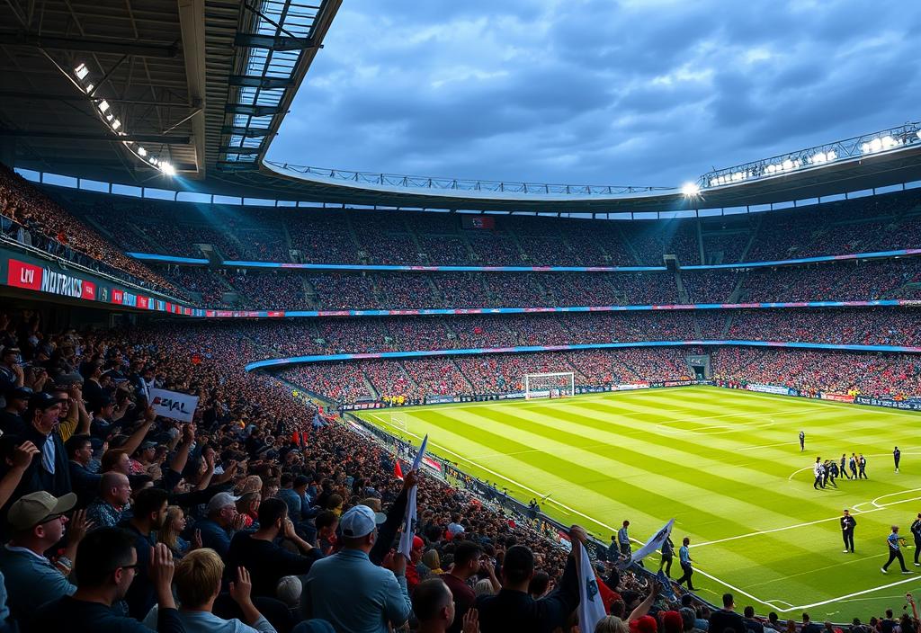 A screenshot of the stadium, with fans cheering and holding up signs