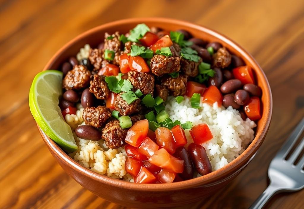 A Chipotle bowl with carnitas, rice, beans, and salsa