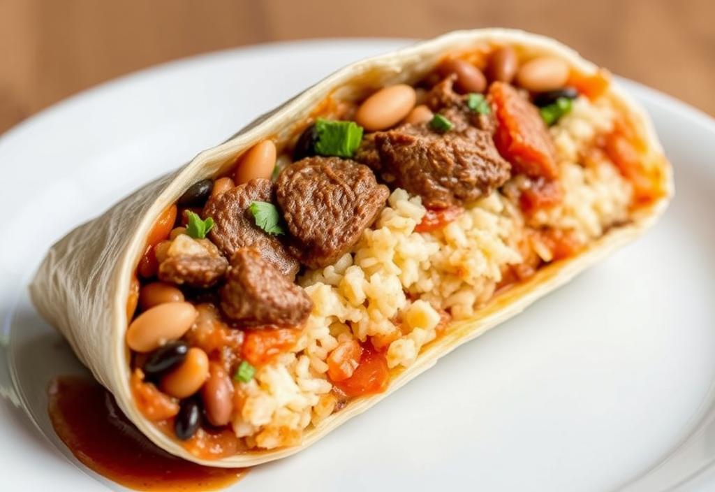 A Chipotle burrito with steak, rice, and beans