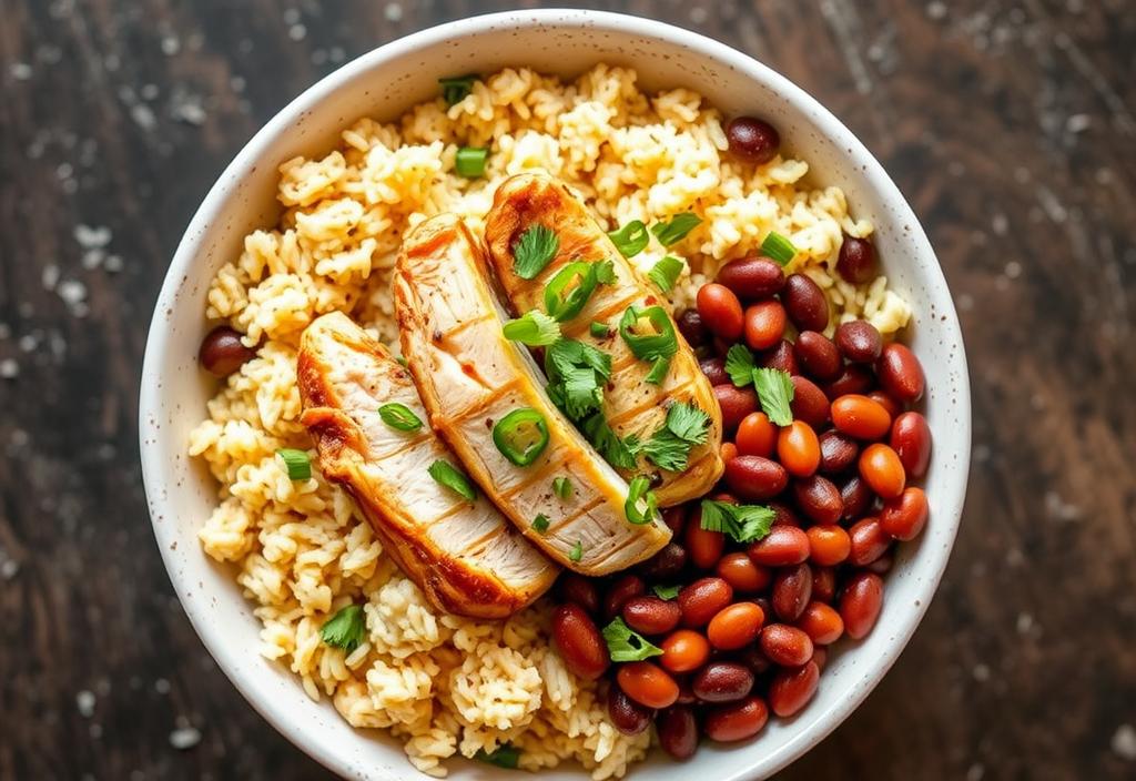 A Chipotle bowl with chicken, rice, and beans