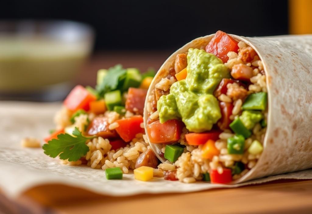 A Chipotle burrito with veggies, rice, and guacamole