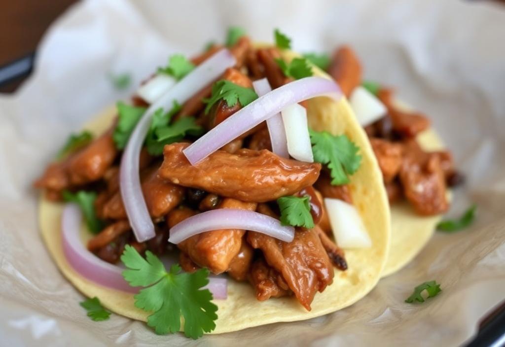 A Chipotle taco with carnitas, onions, and cilantro