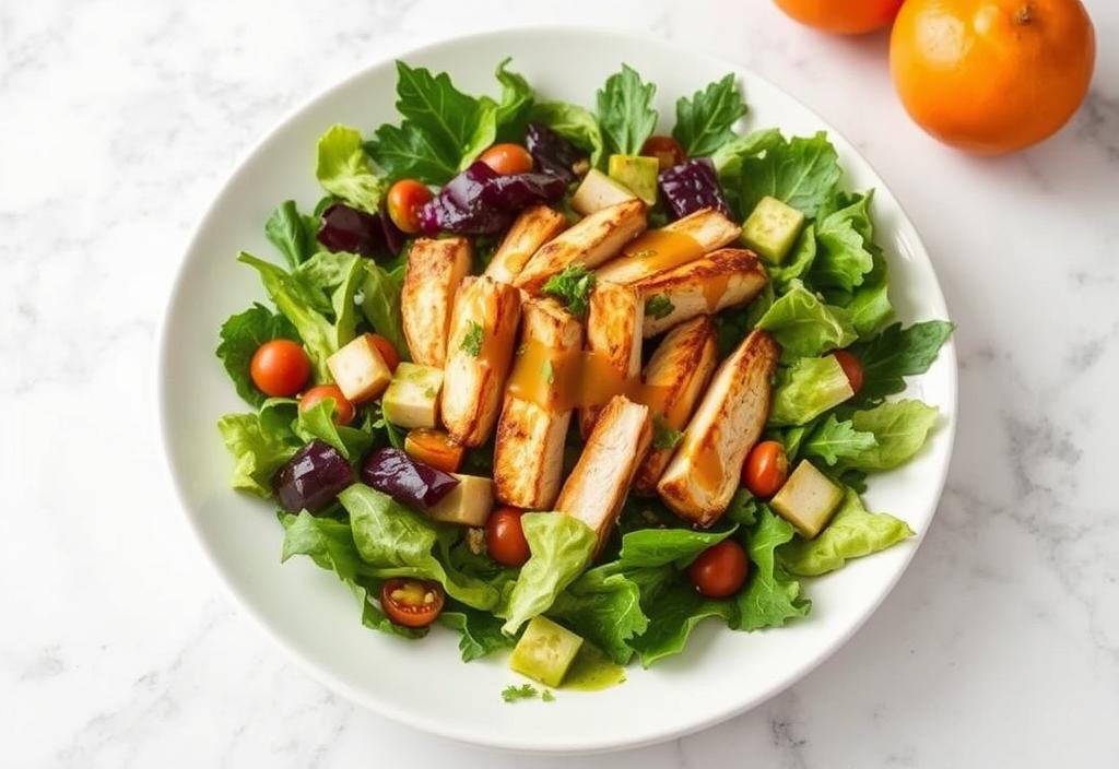 A Chipotle salad with chicken, greens, and citrus vinaigrette