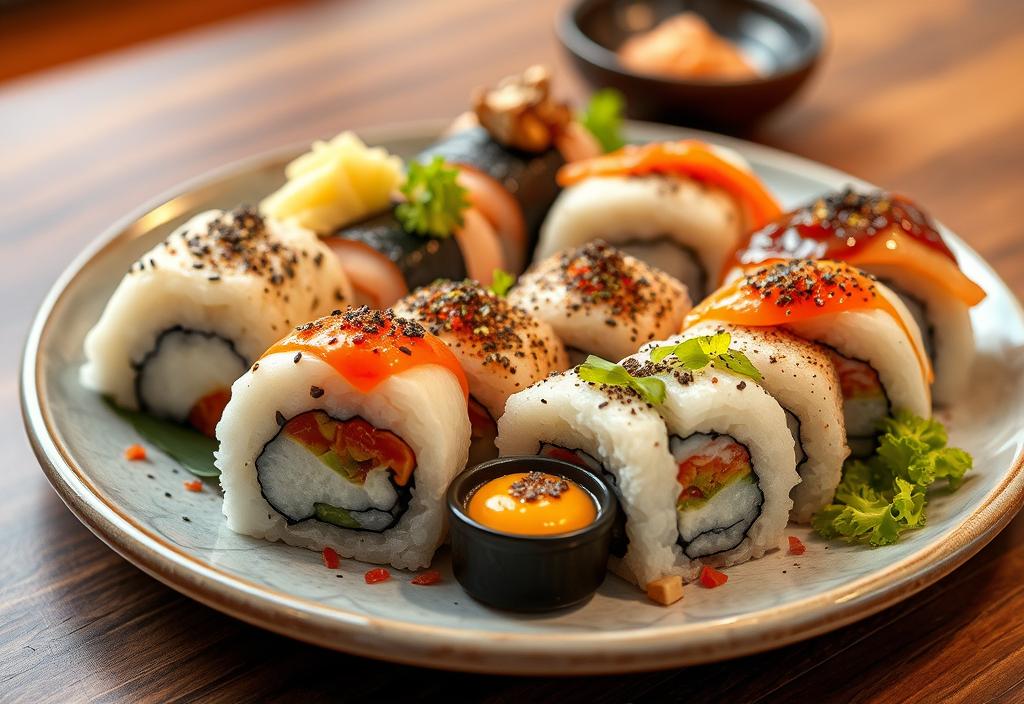 A plate of sushi with various toppings