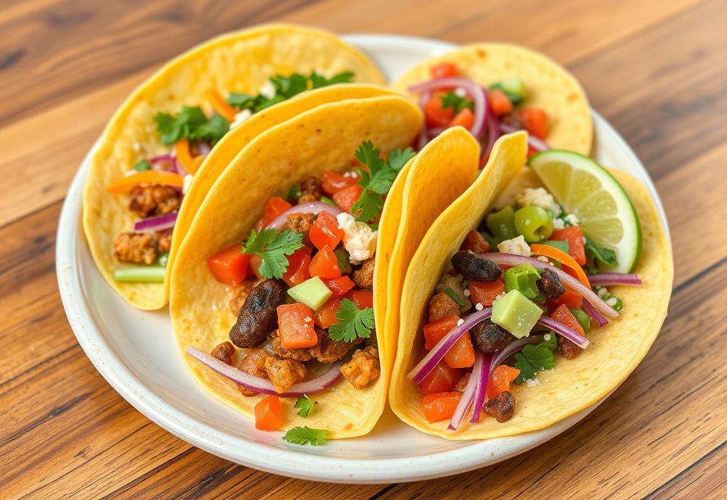 A colorful plate of tacos with different fillings