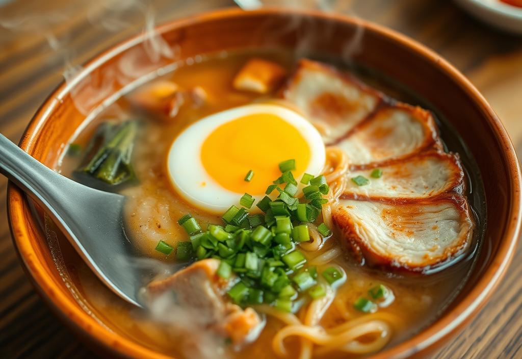 A steaming bowl of ramen with pork slices and boiled egg