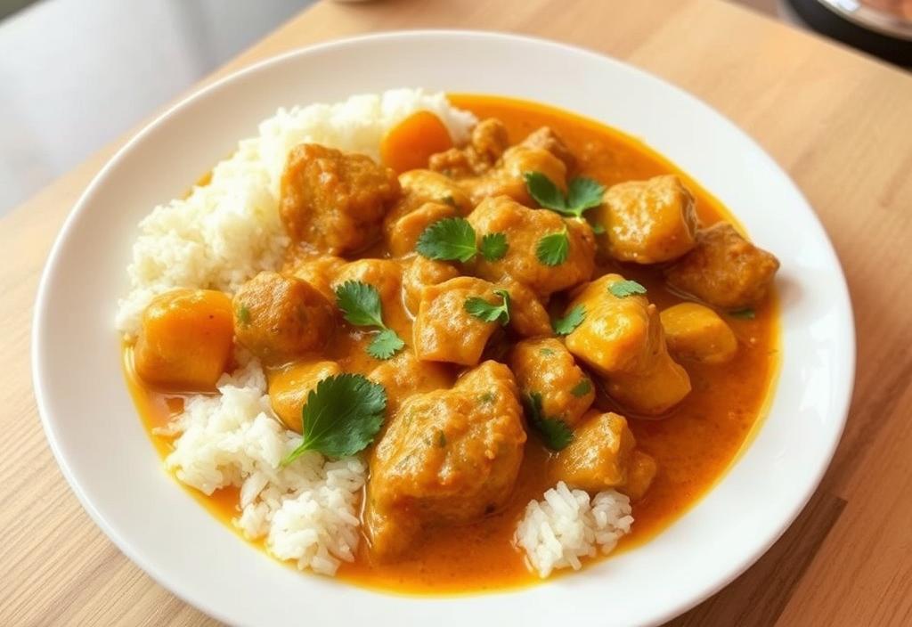 A plate of chicken curry with steamed rice