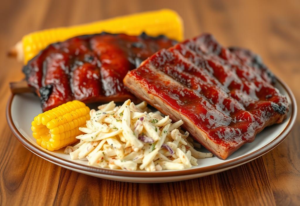 A plate of BBQ ribs with coleslaw and corn on the cob