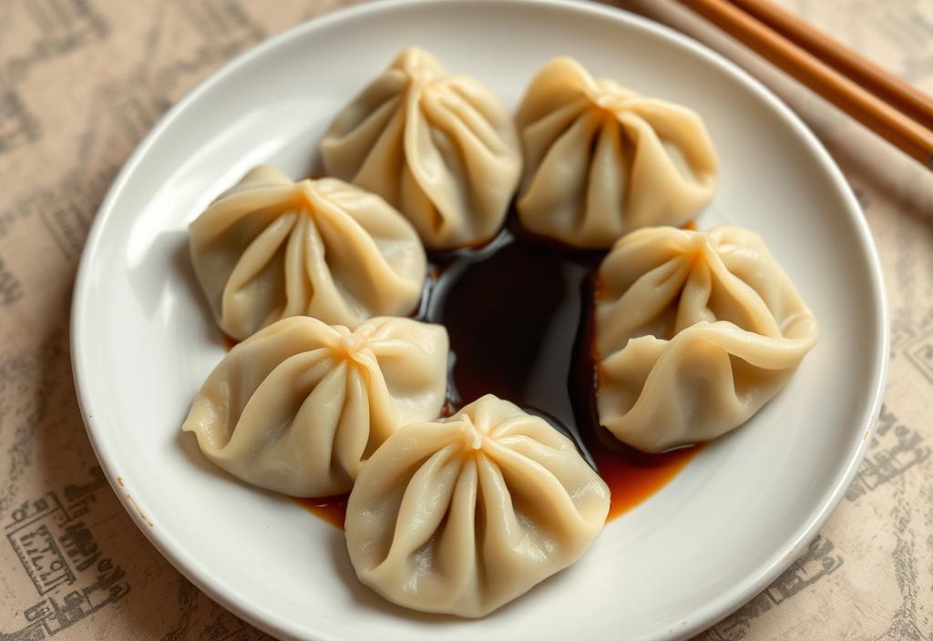 A plate of steamed dumplings with soy sauce