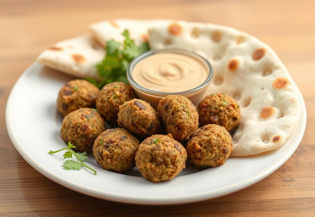 A plate of falafel with tahini sauce and pita bread