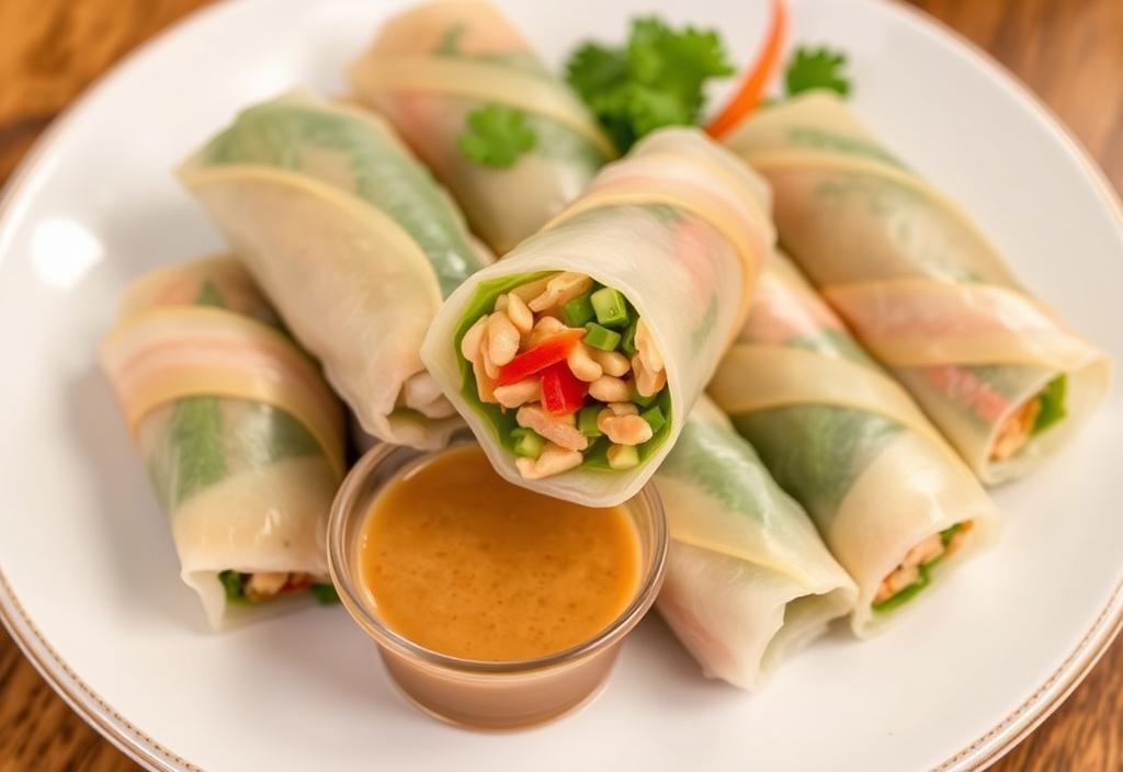 A plate of fresh spring rolls with peanut sauce