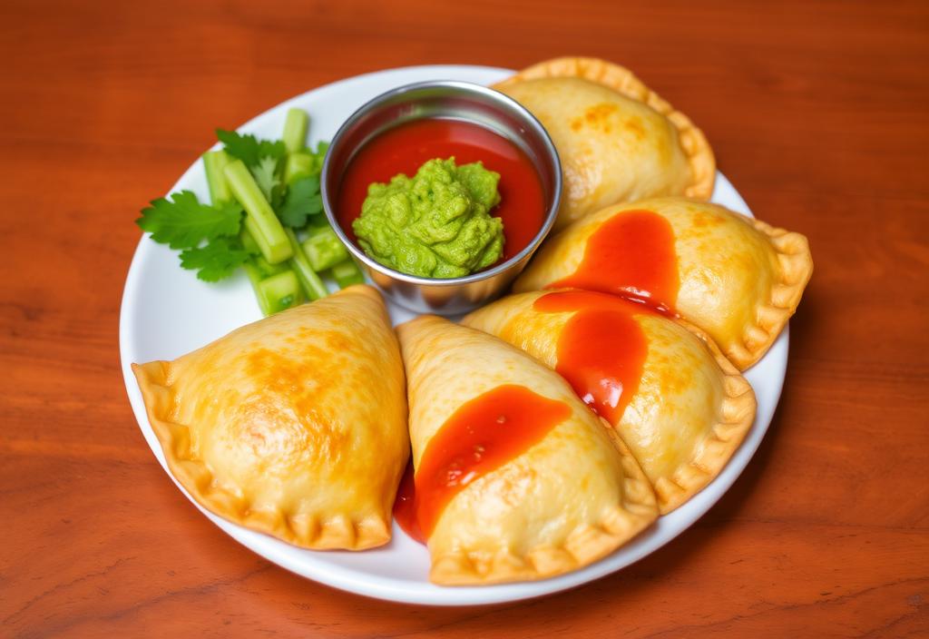 A plate of empanadas with salsa and guacamole