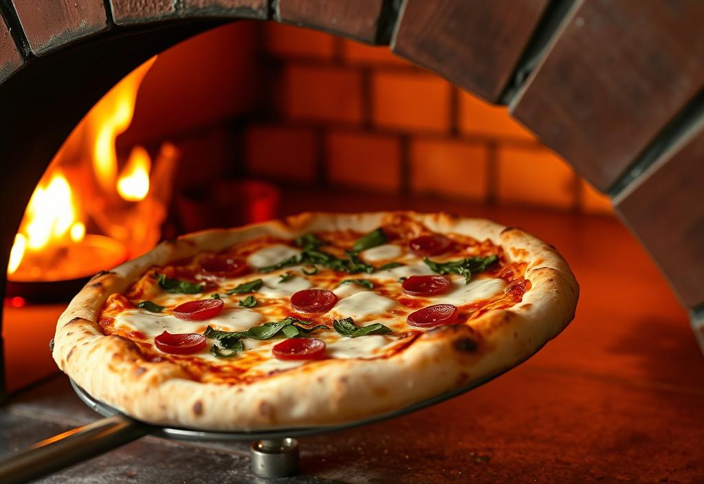 A photo of a wood-fired pizza being taken out of the oven