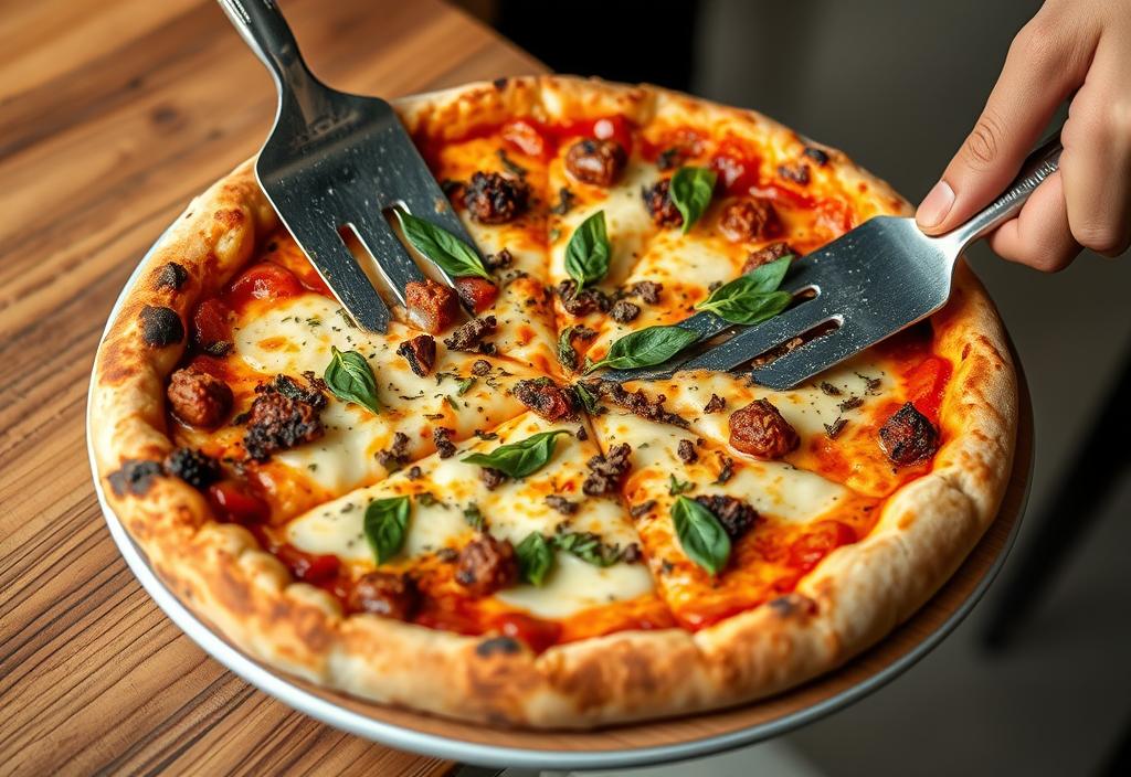 A photo of a truffle pizza being served