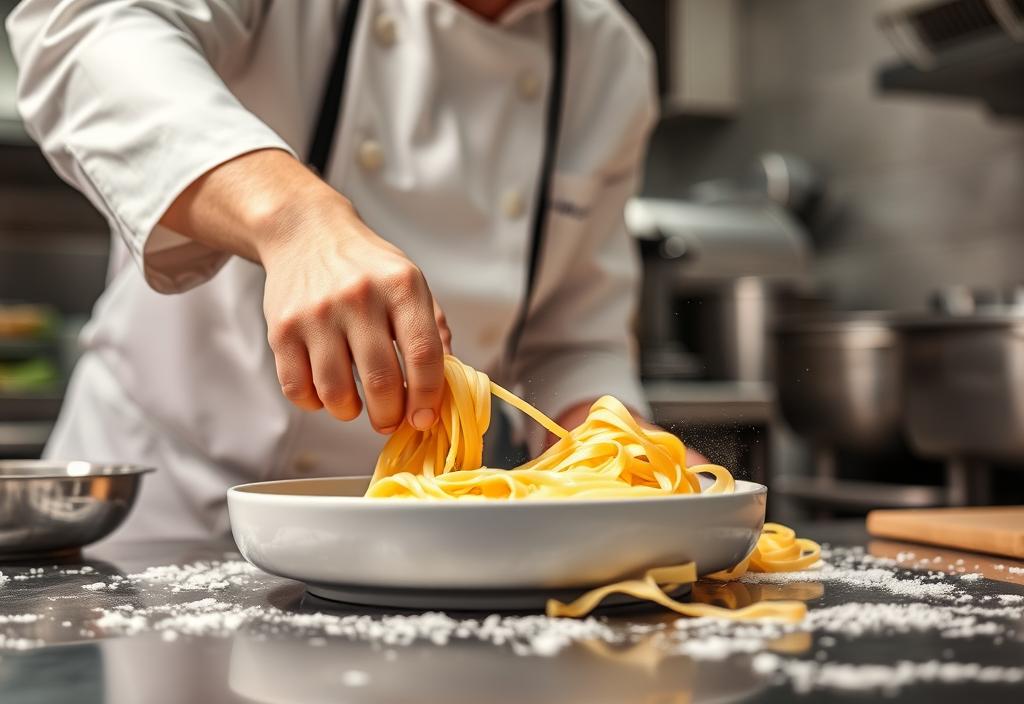 A photo of a chef preparing pasta in the kitchen