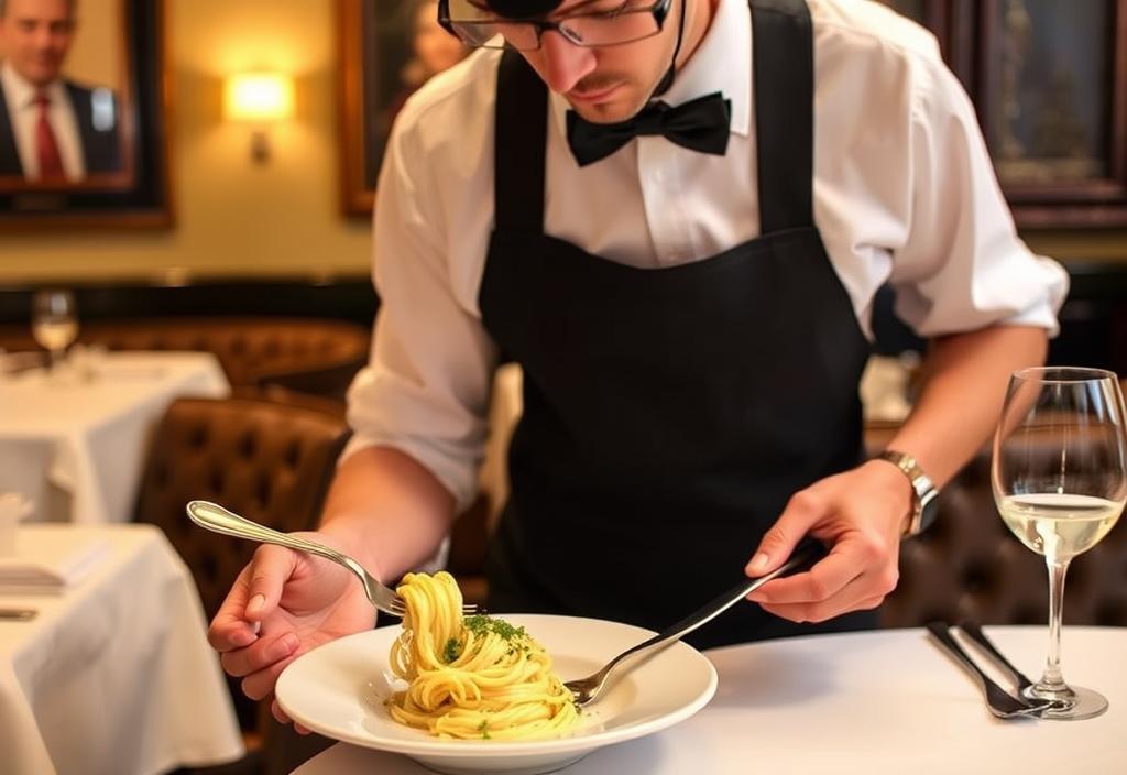 A photo of a waiter serving pasta at Del Posto