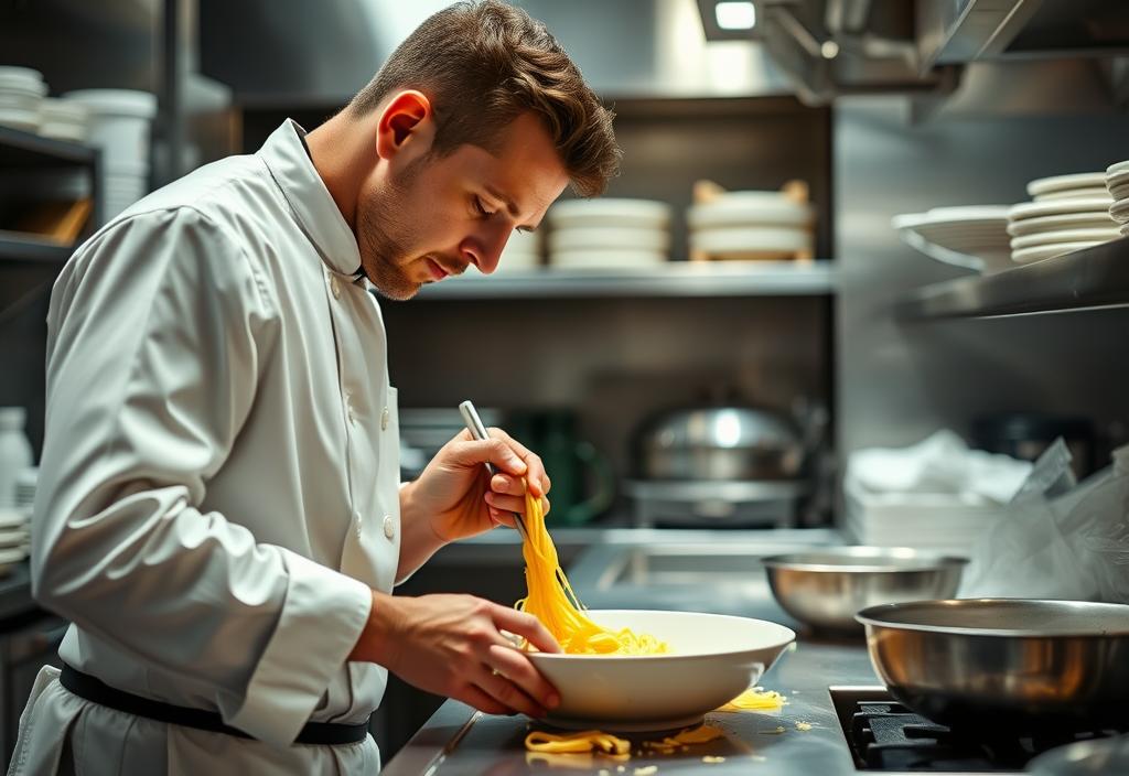 A photo of a chef preparing pasta in the kitchen at Scarpetta