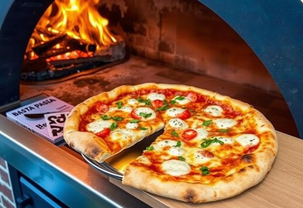 A photo of a wood-fired pizza being served at Basta Pasta