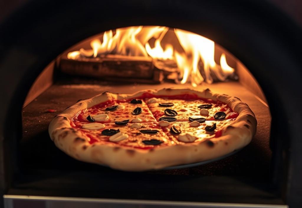 A photo of a wood-fired pizza being taken out of the oven at Pizzeria Mozza