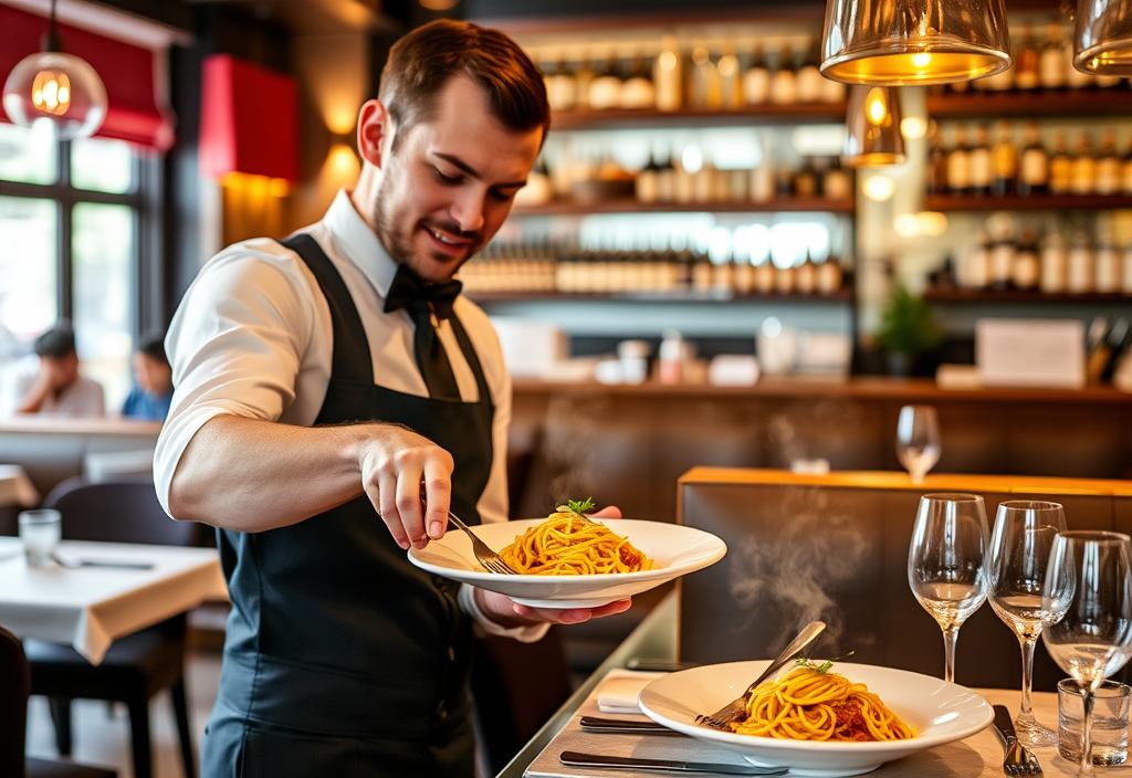 A photo of a waiter serving pasta at The NoMad