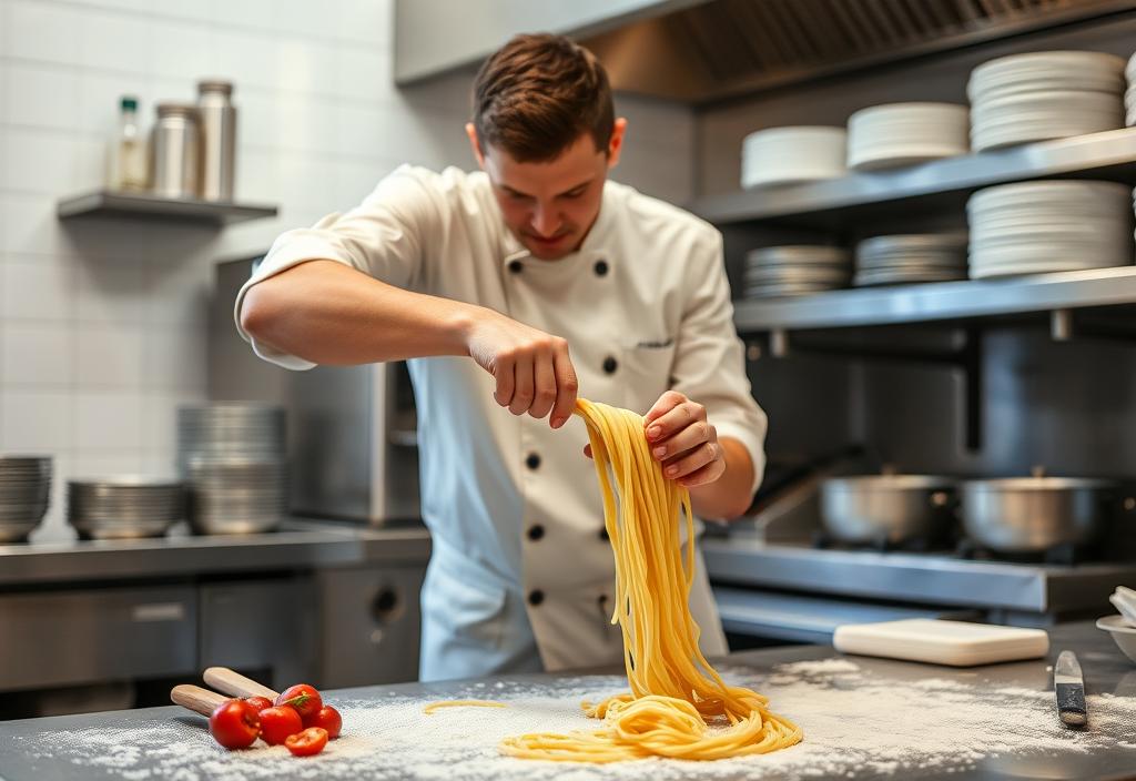 A photo of a chef preparing pasta in the kitchen at Misi