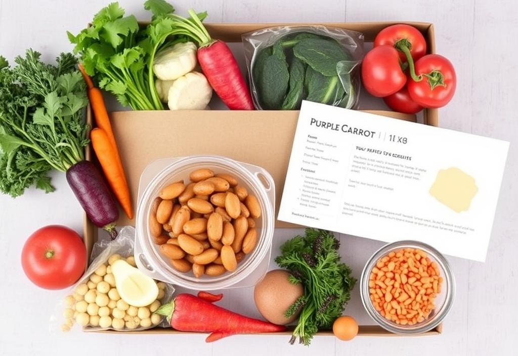 A photo of a Purple Carrot meal kit with all the ingredients and recipe card