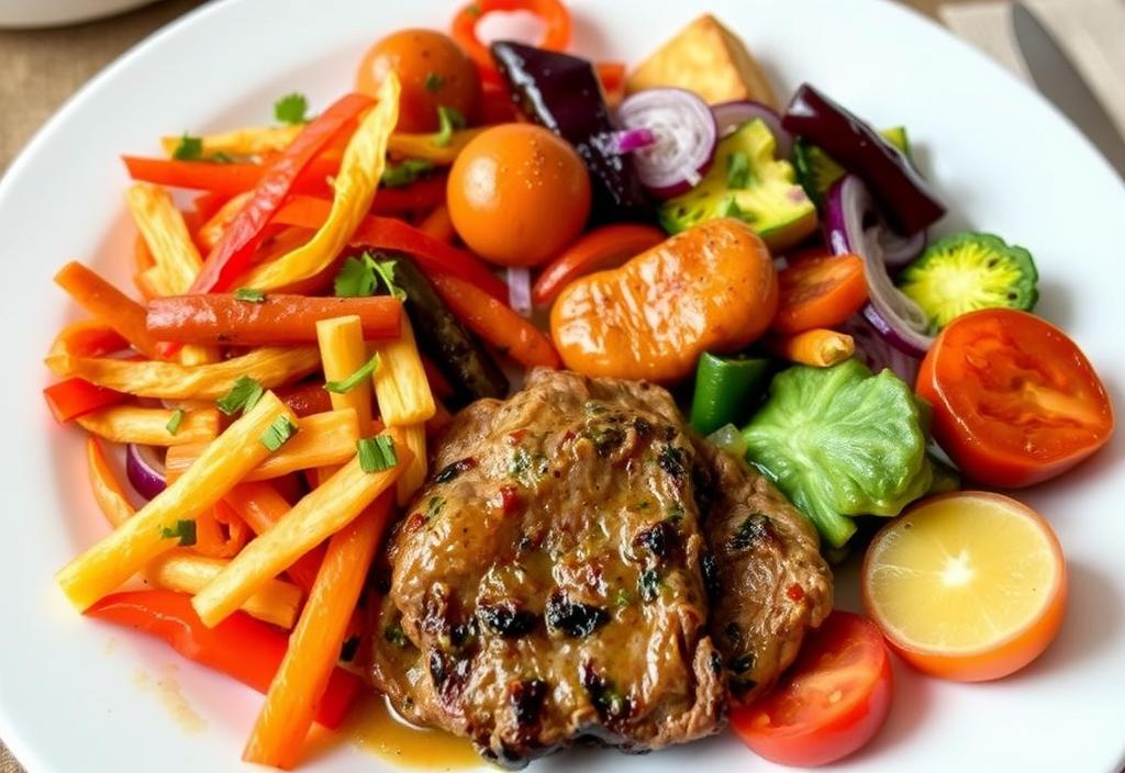 A photo of a Veestro meal with a variety of colorful vegetables and a meat substitute