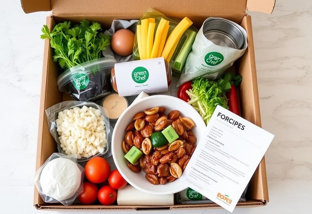 A photo of a Green Chef meal kit with all the ingredients and recipe card