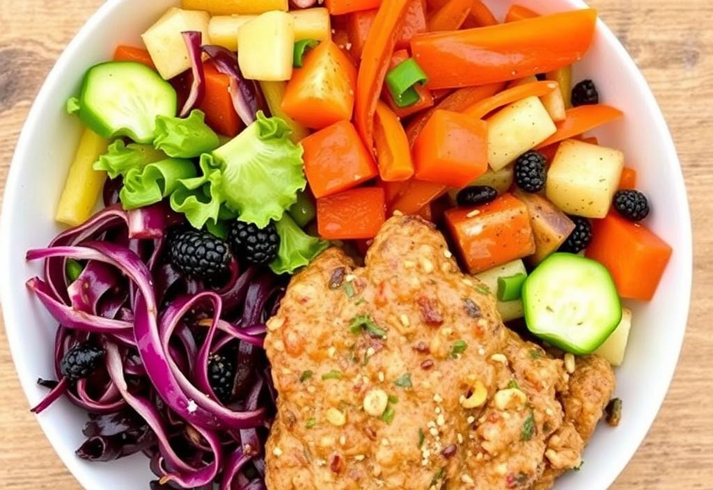 A photo of a Daily Harvest meal with a variety of colorful vegetables and a meat substitute