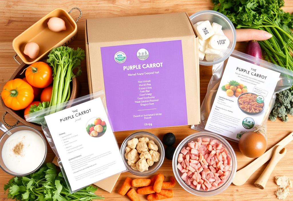 A photo of a Purple Carrot meal kit with all the ingredients and recipe card