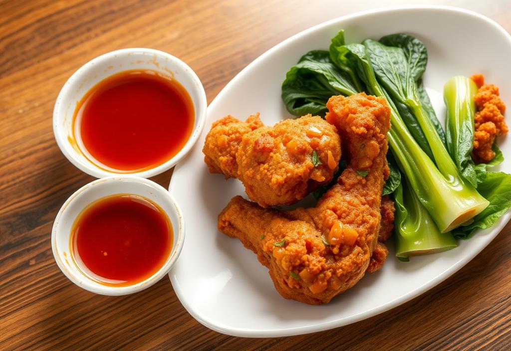 A plate of crispy fried chicken with a side of gochujang sauce and steamed bok choy