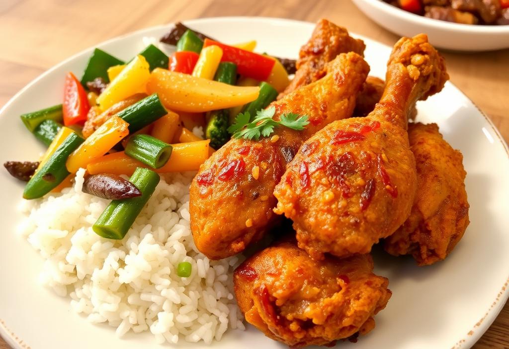 A plate of crispy fried chicken with a side of steamed rice and stir-fried vegetables