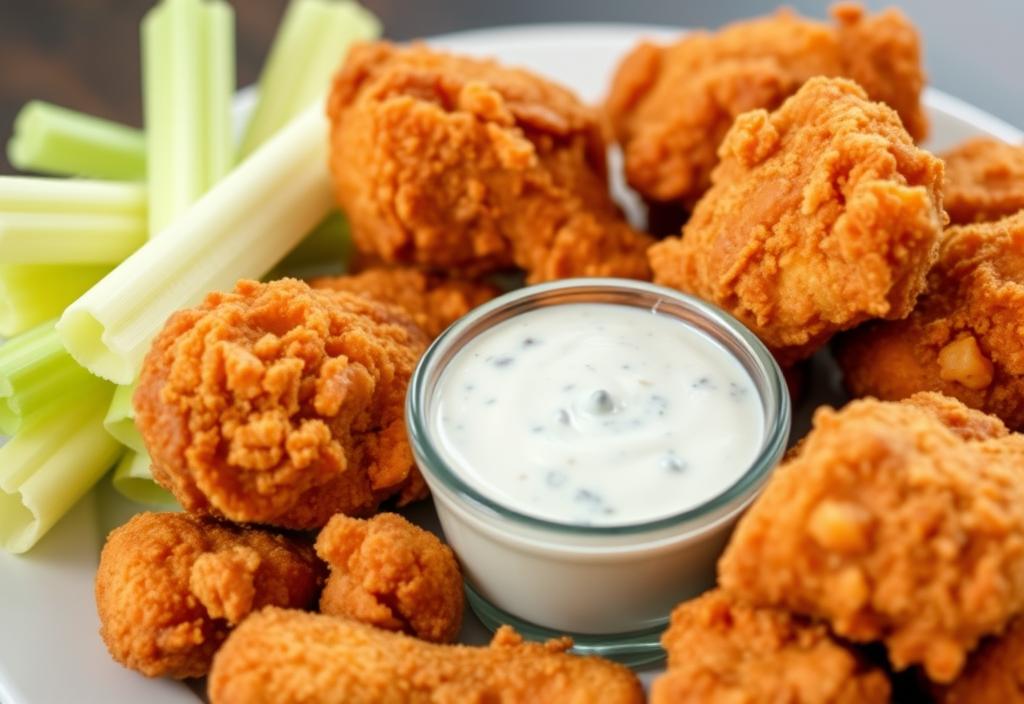 A plate of crispy fried chicken with a side of blue cheese dressing and celery sticks