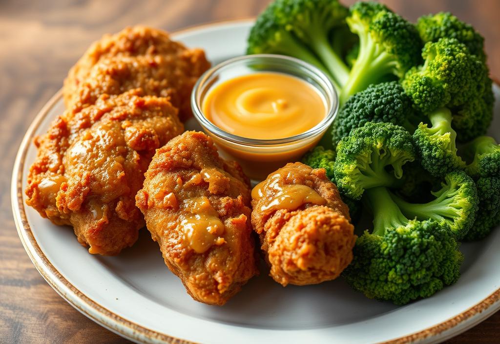 A plate of crispy fried chicken with a side of honey mustard dipping sauce and steamed broccoli