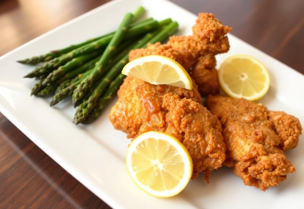 A plate of crispy fried chicken with a side of lemon wedges and steamed asparagus