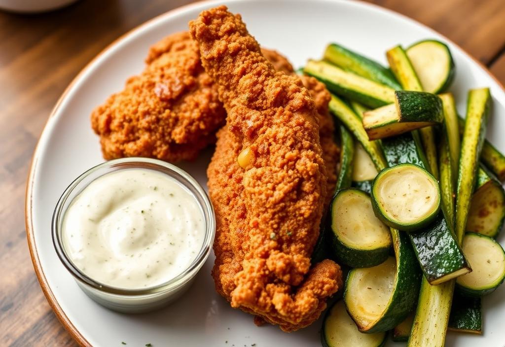 A plate of crispy fried chicken with a side of garlic parmesan dipping sauce and steamed zucchini