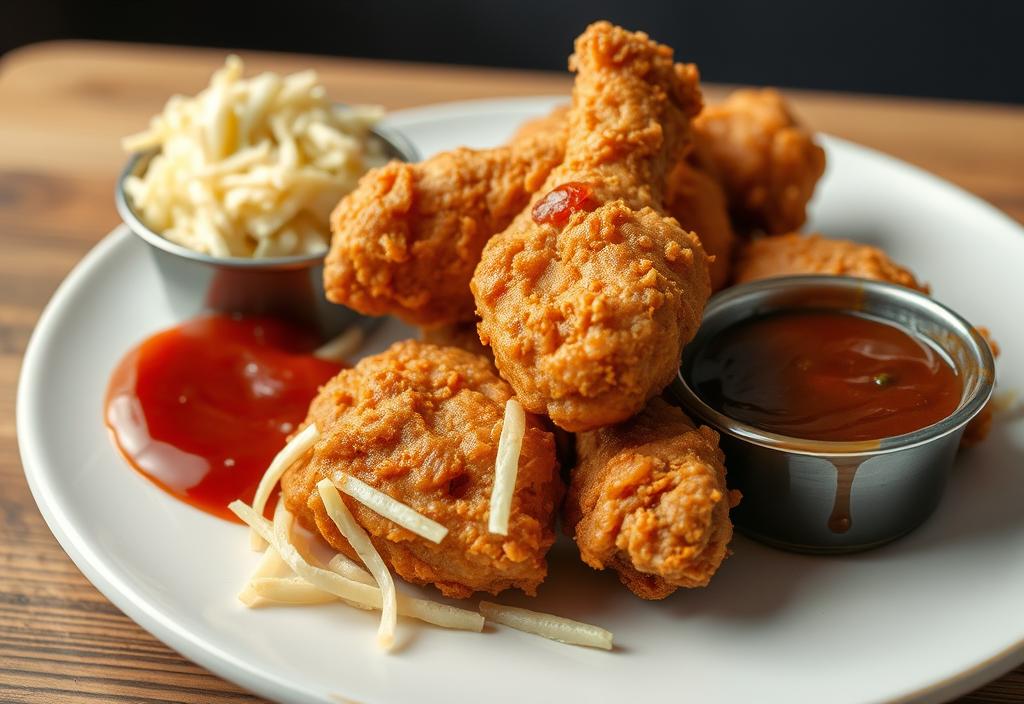 A plate of crispy fried chicken with a side of BBQ sauce and steamed coleslaw