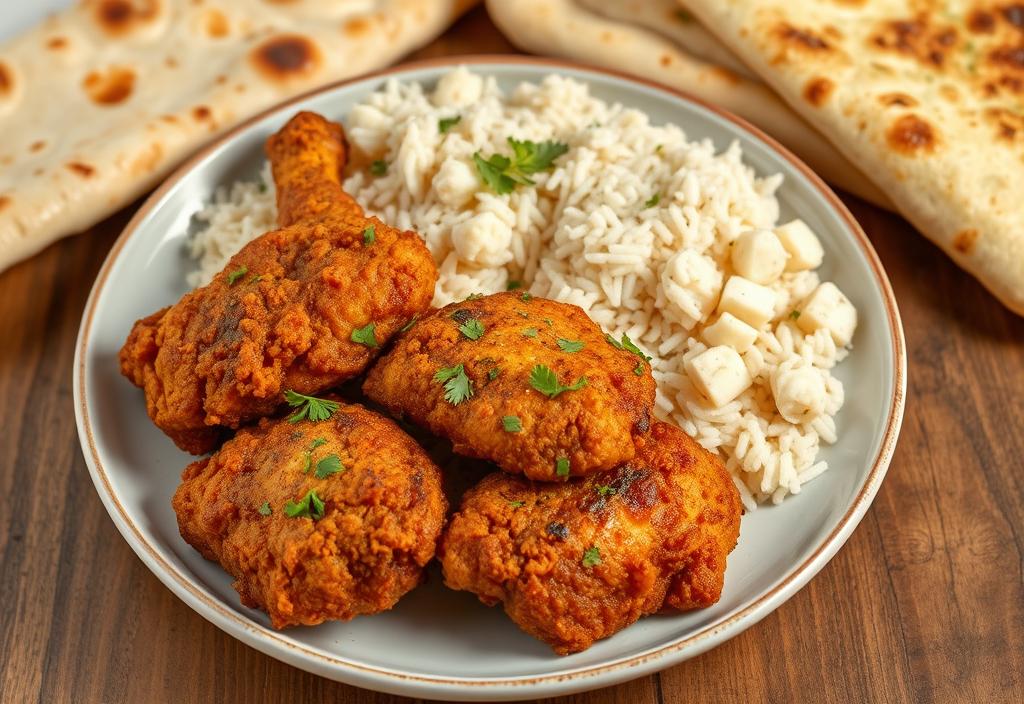 A plate of crispy fried chicken with a side of steamed basmati rice and naan bread